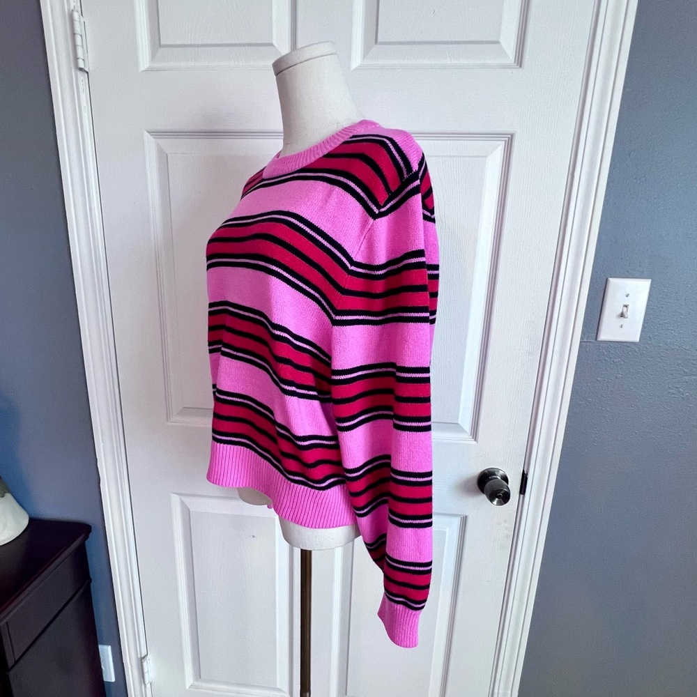 H&M Divided Pink Red and Black Knit Striped Sweater Balloon Sleeves Women’s L - Picture 2 of 10
